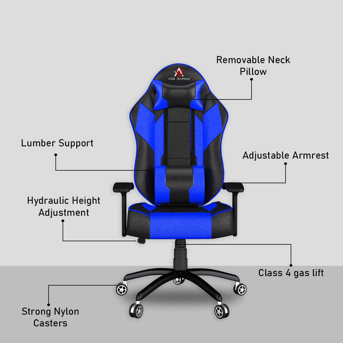 Gaming Chair Blue and Black with adjustable armrests, lumbar support, and removable neck pillow