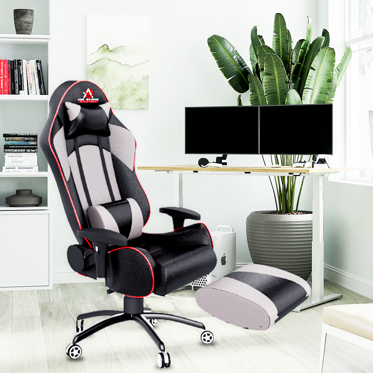 ASE Gaming Gold Series Comfortable Gaming Chair With Footrest Grey in modern office setup with dual monitors