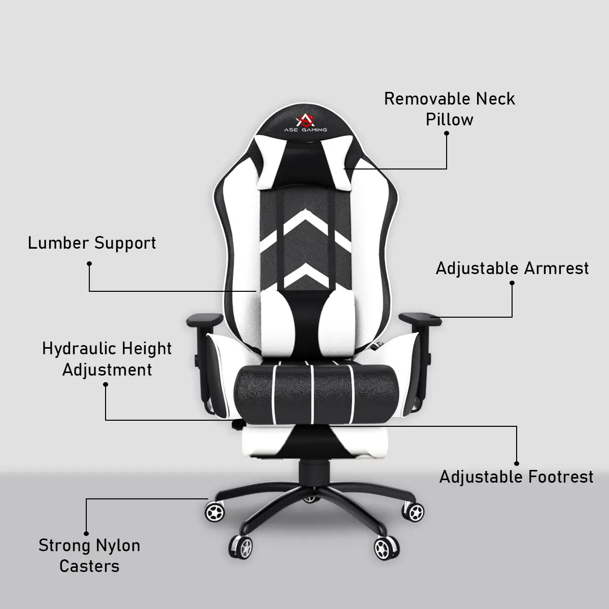 ASE Gaming Gold Series Comfortable Gaming Chair With Footrest White featuring adjustable armrests and lumbar support