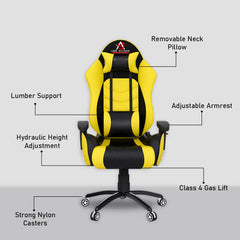 ASE Gaming Comfortable Gaming Chair Yellow with adjustable armrest and lumbar support features