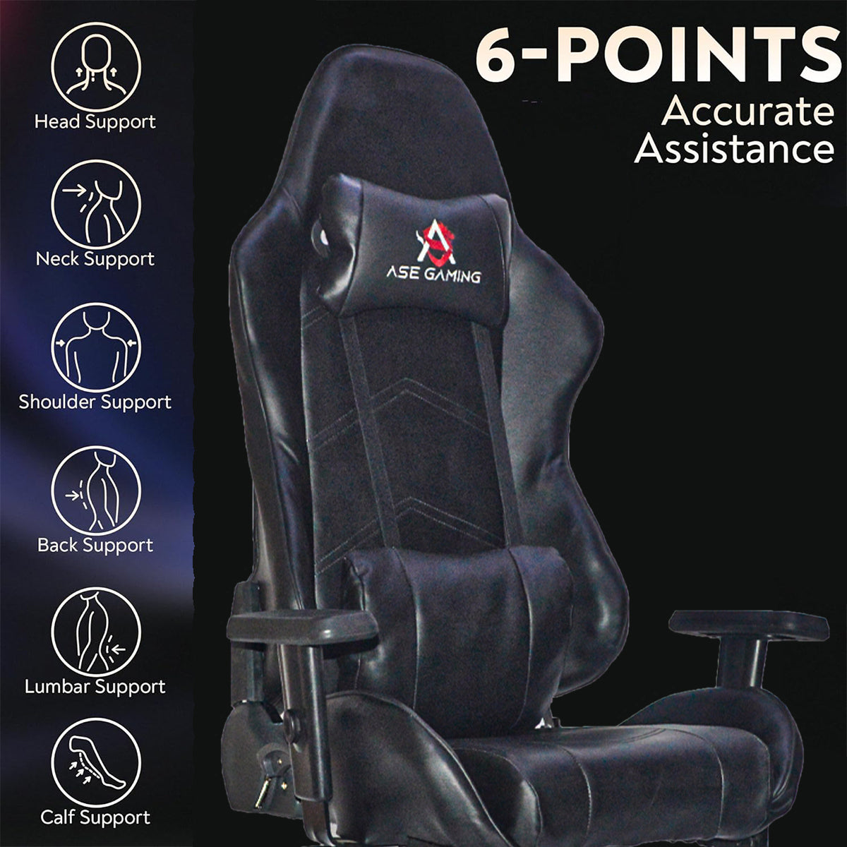 ASE GAMING Gaming Chair Black with 6-point support for head, neck, back, and lumbar assistance