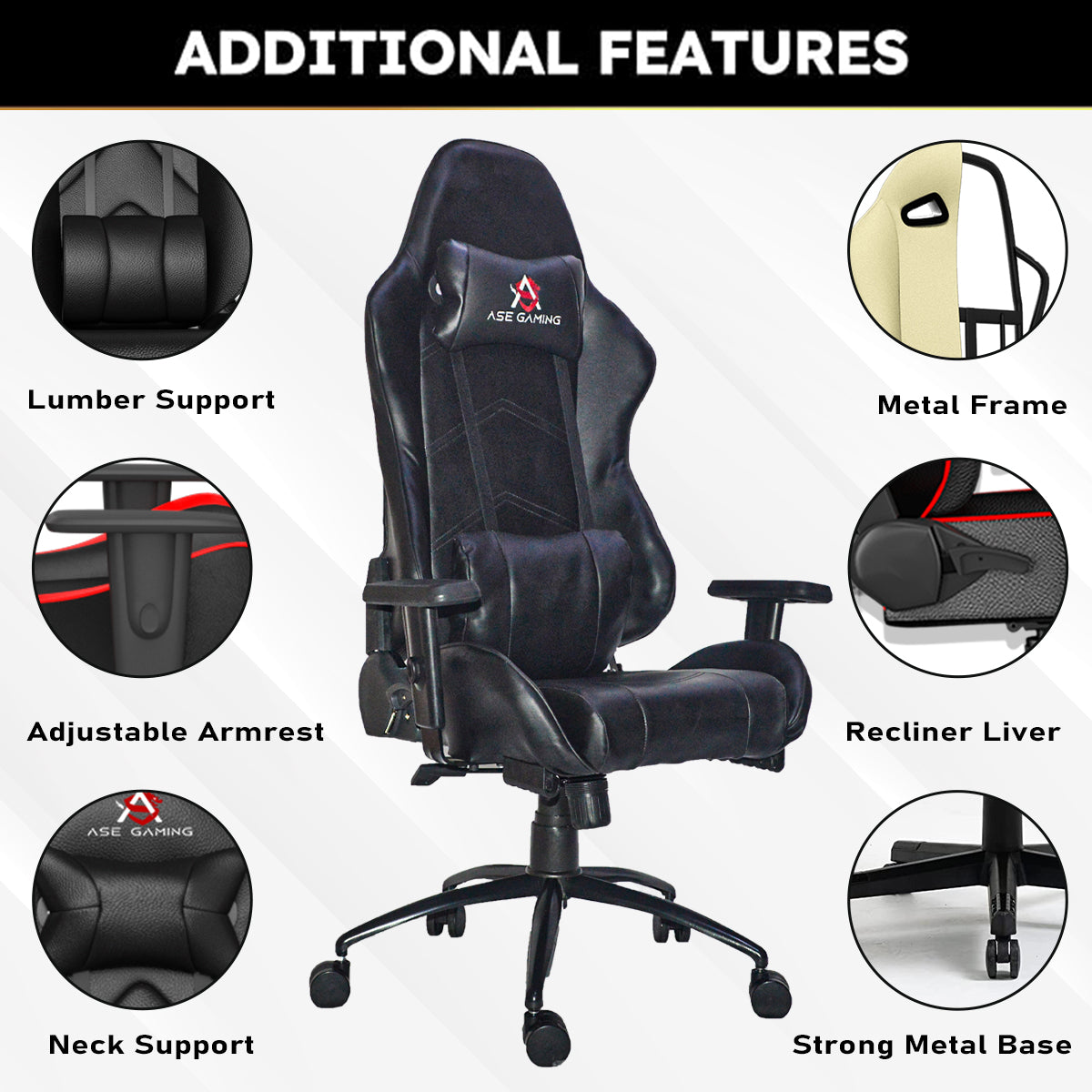 ASE GAMING Gaming Chair Black with adjustable armrests and lumbar support features for ultimate comfort