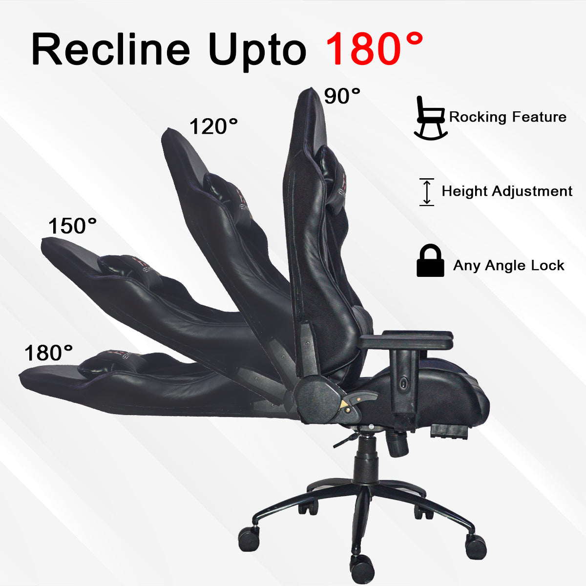 ASE GAMING Gaming Chair Black with reclining features up to 180 degrees and height adjustment