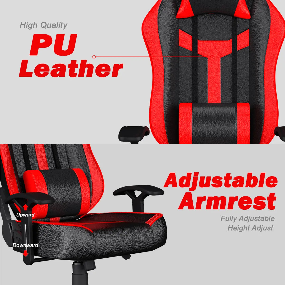 Gaming Chair Red And Black with PU Leather and adjustable armrests for comfort during long gaming sessions
