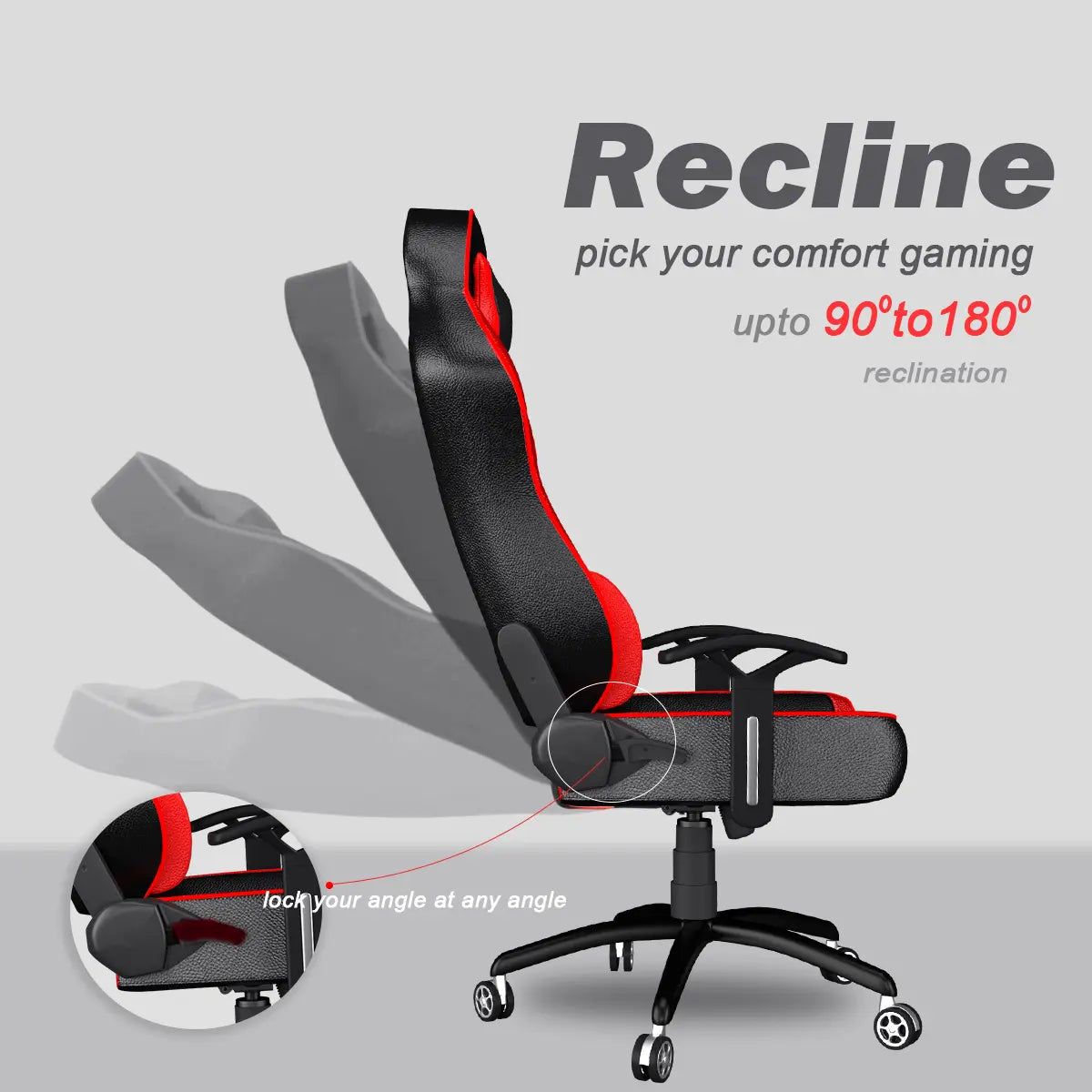 ASE Gaming Chair Red And Black with adjustable reclining feature from 90 to 180 degrees for ultimate comfort