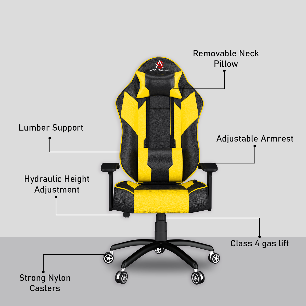 ASE Gaming Chair Yellow and Black with Adjustable Armrests and Removable Neck Pillow