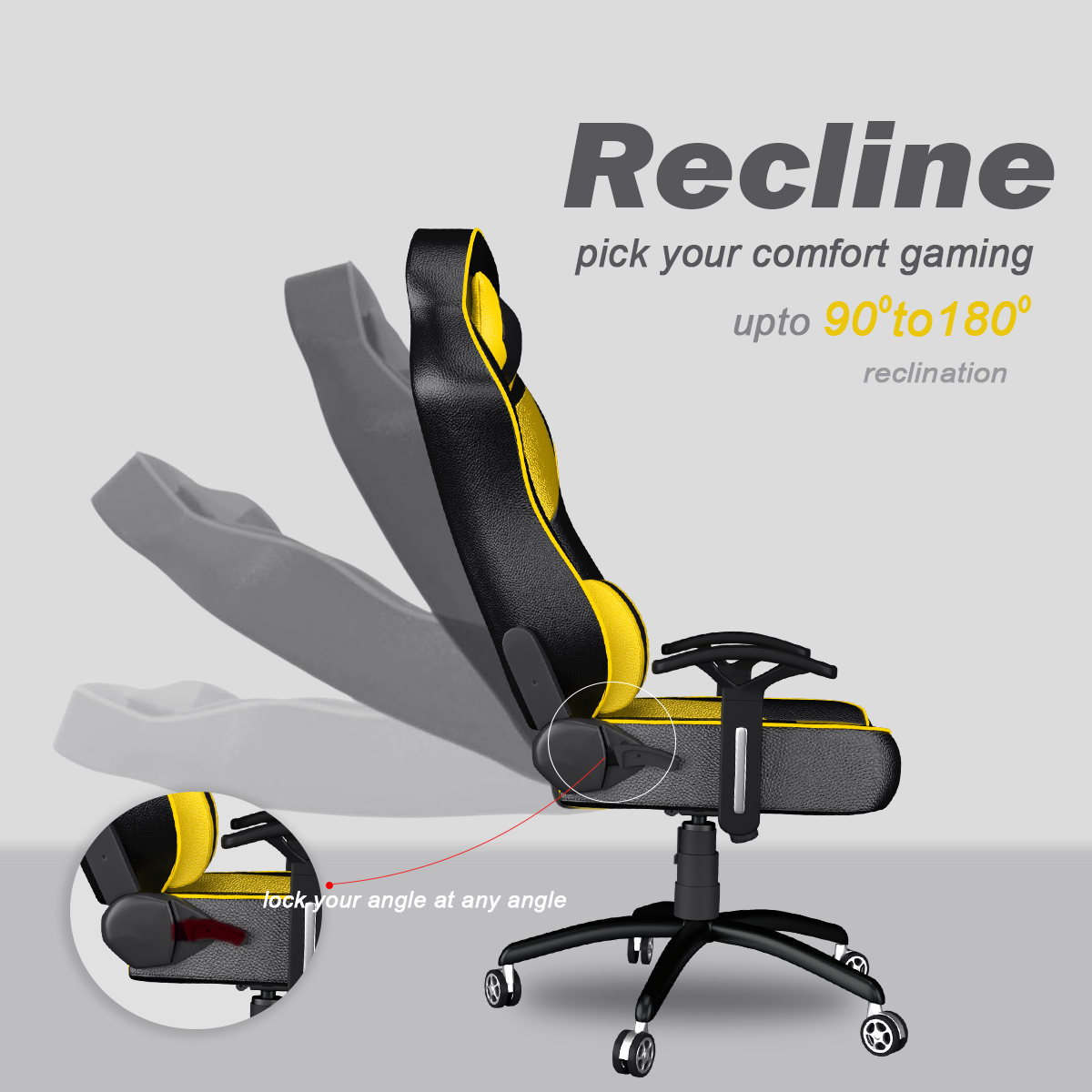 ASE Gaming Chair Yellow and Black with reclining feature up to 180 degrees for ultimate comfort