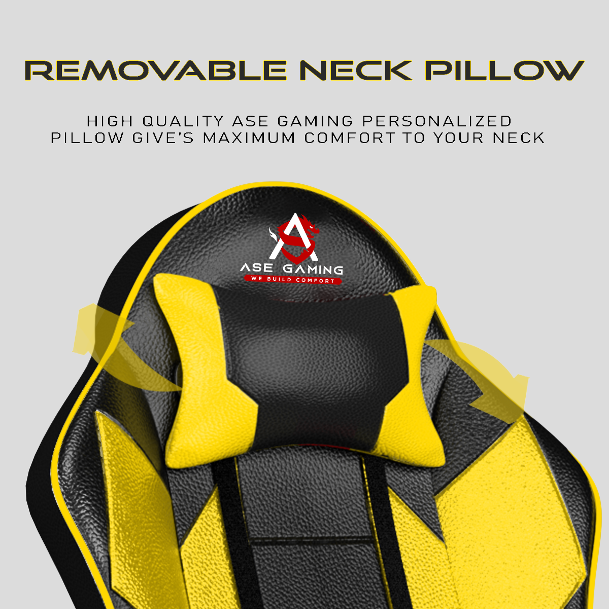 Yellow and black ASE Gaming Chair featuring a removable neck pillow for maximum comfort