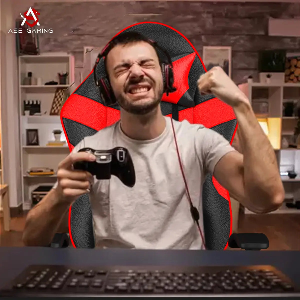 Person celebrating victory in the Infinity Series Gaming Chair Red while playing video games with a controller