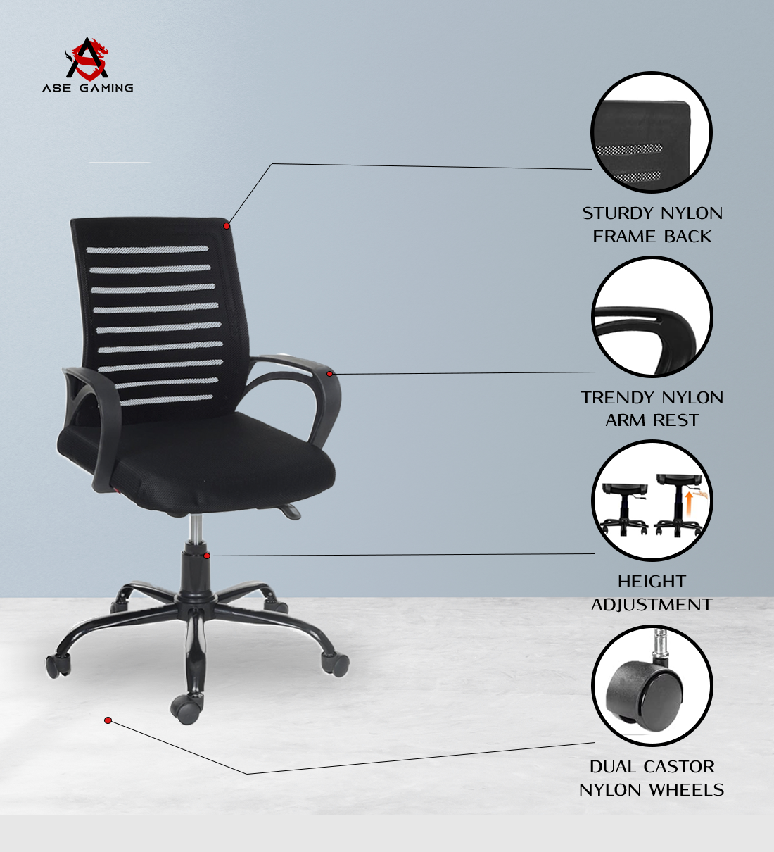 ASE Gaming Mesh Office Chair For Comfort with sturdy frame, adjustable height, and nylon wheels