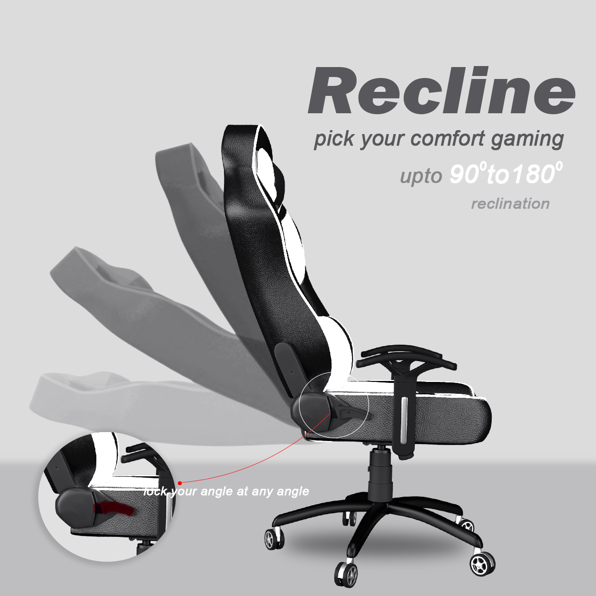 Modern Series Gaming Chair White and Black with adjustable reclining feature from 90 to 180 degrees