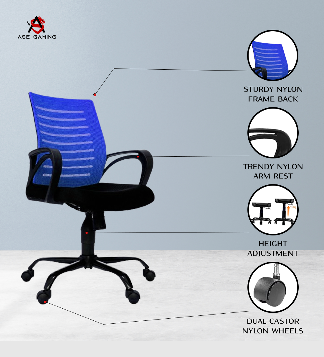 ASE Gaming Enigma Series Office Mesh Chair With Metal Base(Blue)