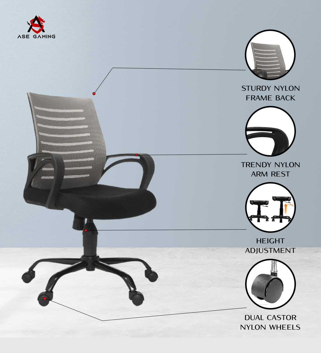 ASE Gaming Enigma Series Office Mesh Chair With Metal Base(Gray)