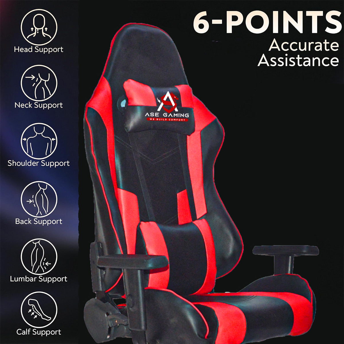 ASE GAMING Gaming Chair Red And Black with 6-Point Support for Enhanced Comfort and Stability