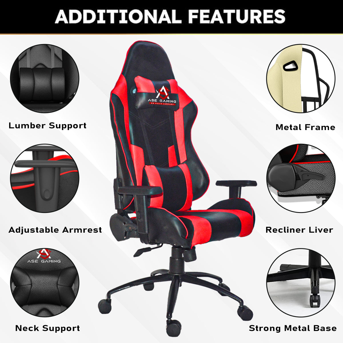 ASE GAMING Gaming Chair Red And Black with adjustable armrests and lumbar support features