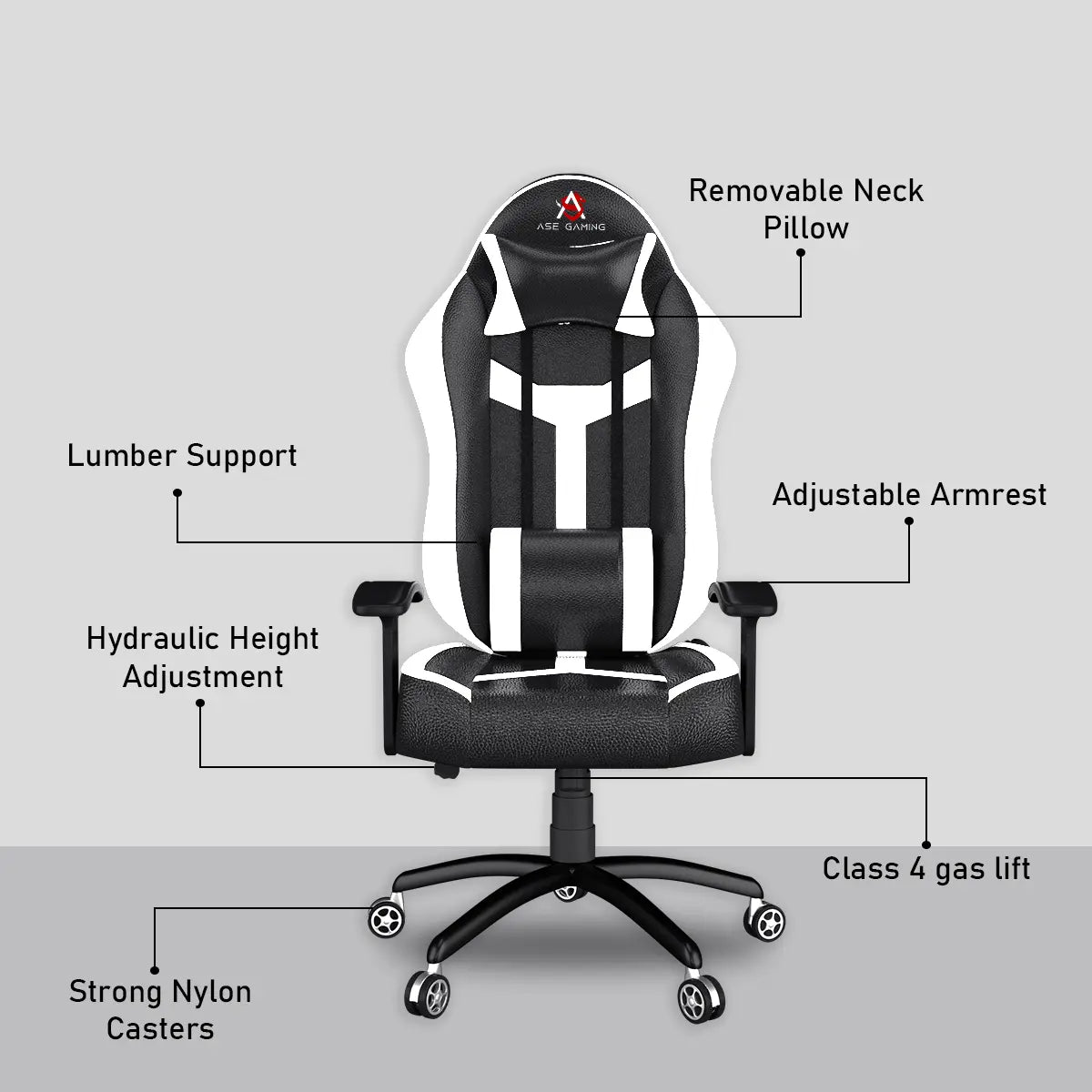 ASE Gaming Chair White And Black with adjustable armrests and removable neck pillow