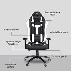 ASE Gaming Chair White And Black with adjustable armrests and removable neck pillow
