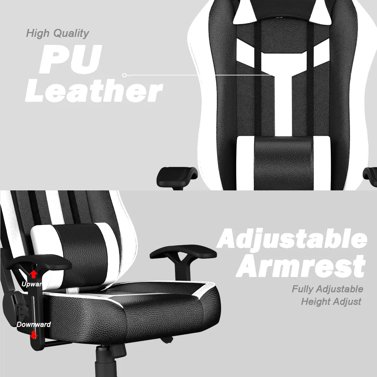 ASE Gaming Gaming Chair White And Black with PU Leather Upholstery and Adjustable Armrests