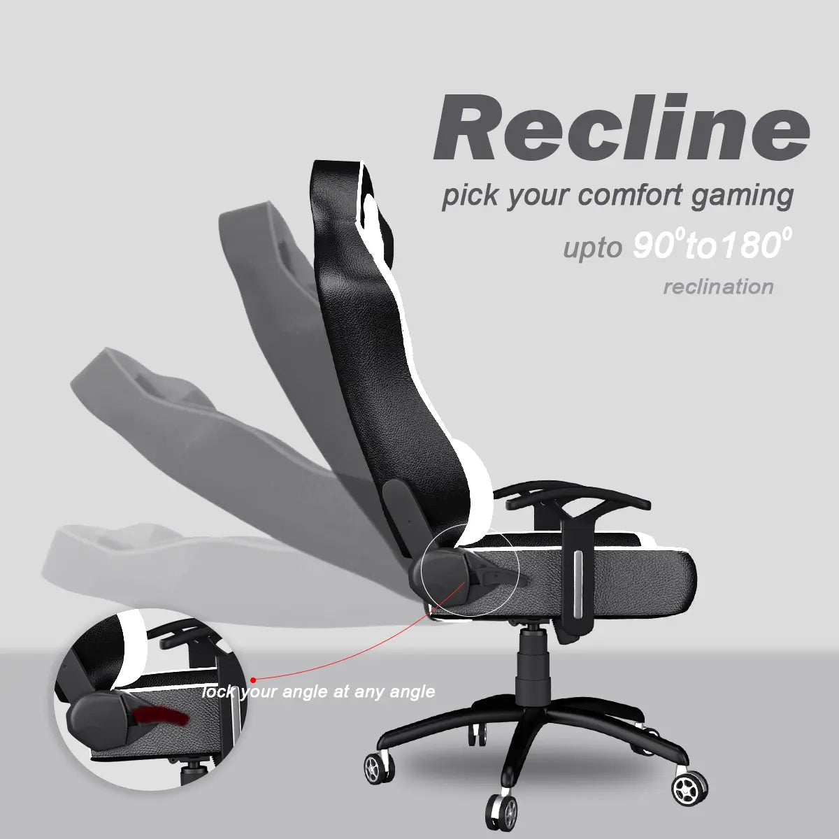 Gaming Chair White And Black with reclining feature adjustable from 90 to 180 degrees for optimal comfort