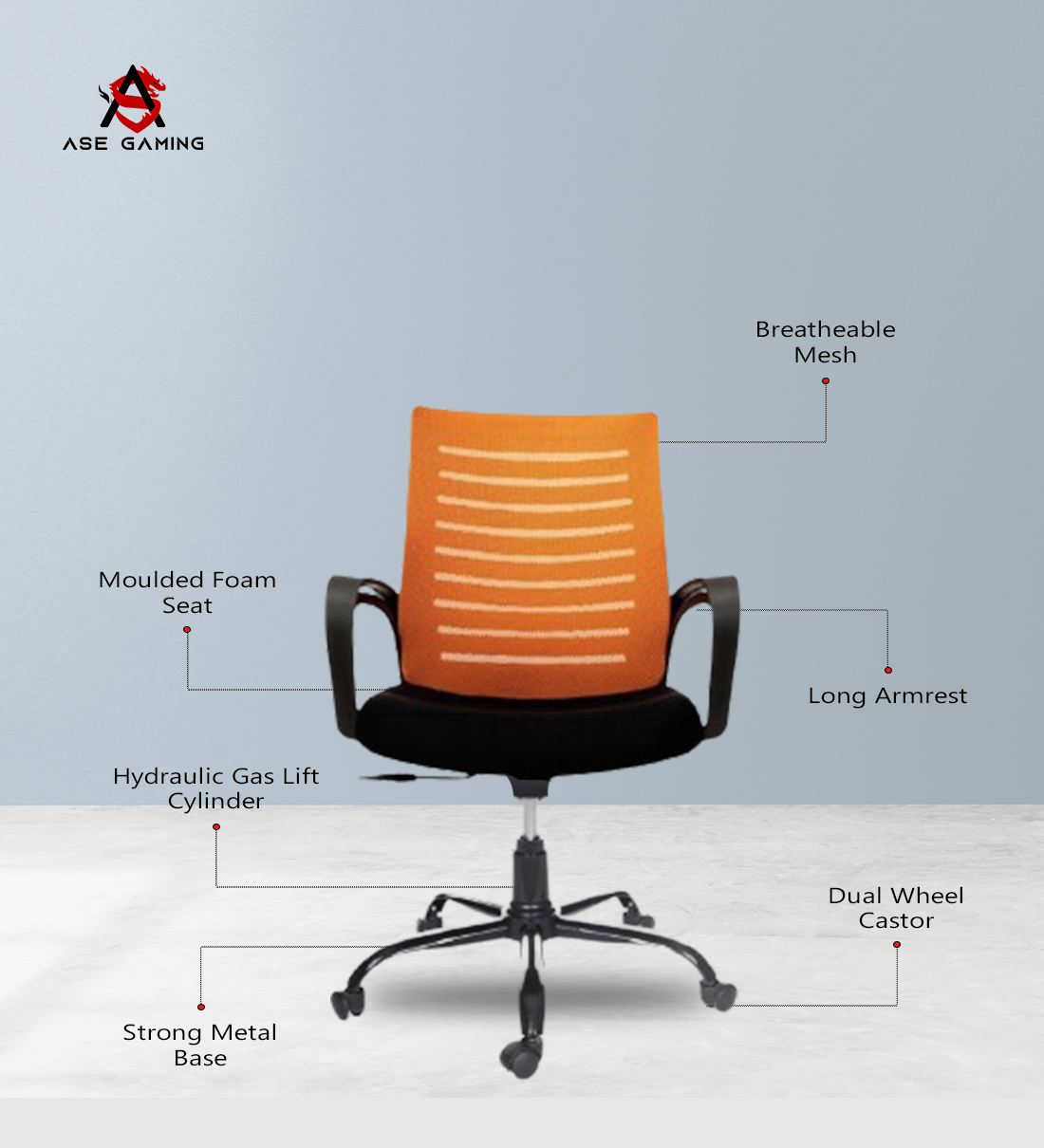 ASE Gaming Enigma Series Office Mesh Chair With Metal Base(Orange)